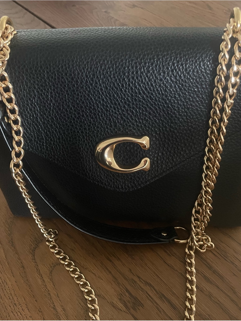 Coach Tammie Black Pebbled Leather Crossbody With Gold Chain.